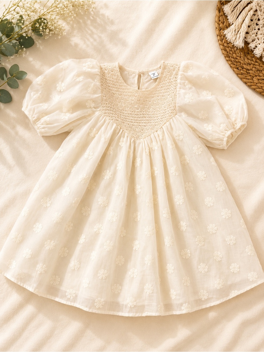 SHEIN Cream Puff Sleeve Smocked Floral Dress
